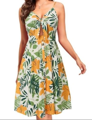 

Dress Women's Fashion 2025 Latest Summer Dress with Front and Middle Straps Casual Tropical Vacation Vest Beachwear Dress New