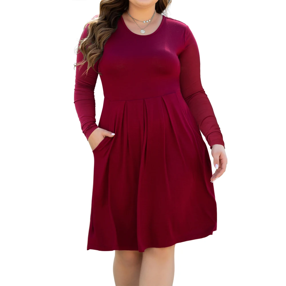 Women's Plus Size Long/Short Sleeve Dress Casual Pleated Swing Dresses with Pockets