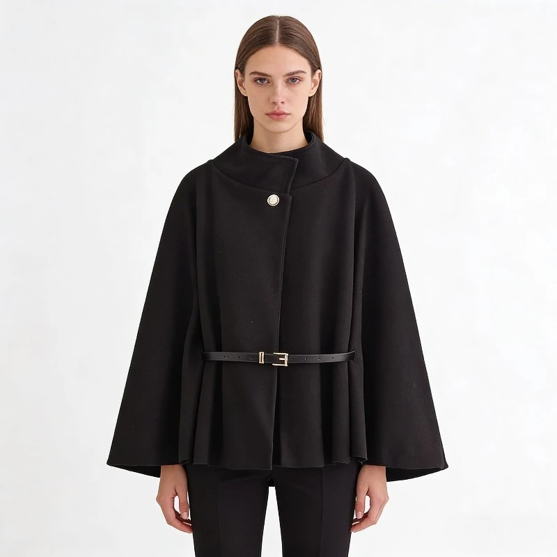 

1pcs Women's Winter Cape Coat Solid Color Waist Belted Cloak Fashion Outerwear, Versatile Coat