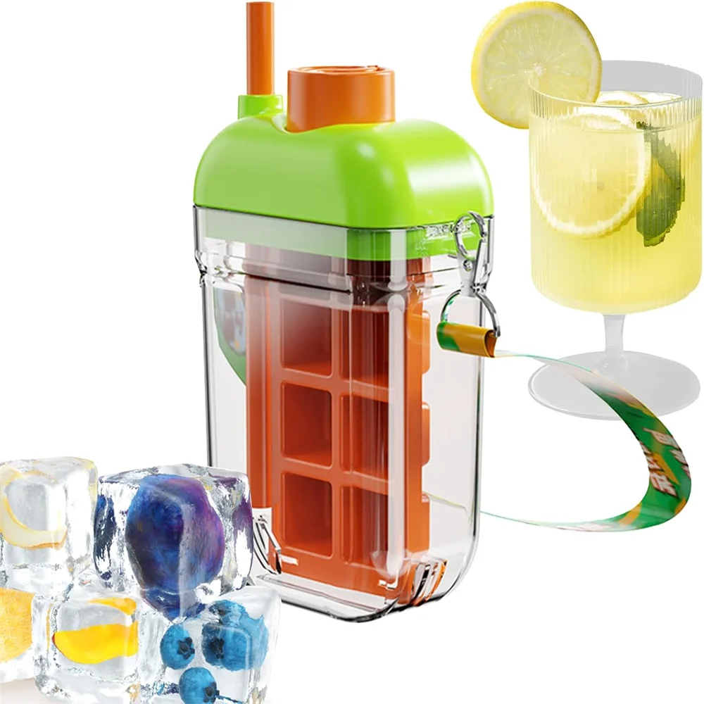 Ice Cube Bottle with Straw, Dual-Function Contactless Rotating Ice Cube Making Bottle, Easy-to-Open Water Bottle Ice Cube Mold