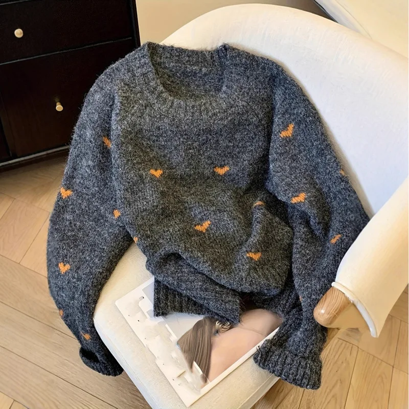 

Women Heart Pattern Sweater Long Sleeve Pullover New Autumn Winter Round Neck Top Warm Versatile Long Sleeve Women's Clothing