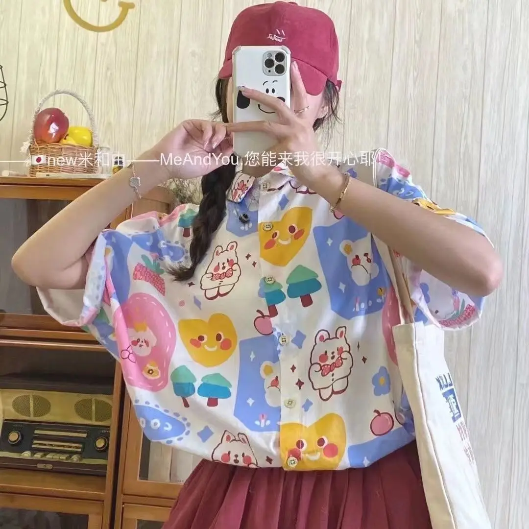 High Quality Japan Kawaii Anime Button Up Shirt Summer Harajuku Oversized Short Sleeve Cute Blouse Cartoon Korean Fashion Teens