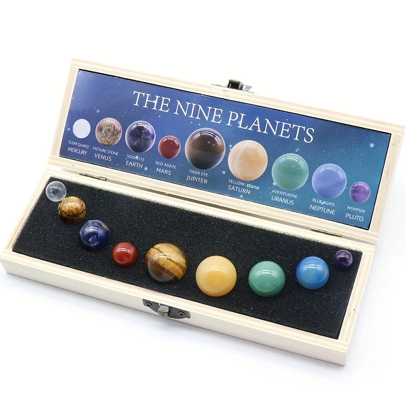 Deluxe Solar System Crystal Collection – 9-Planeten-Natursteinset und Universum-Tischdekoration, Geschenkbox mit Mineralproben