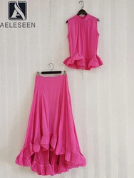 AELESEEN Runway Fashion 2 Pieces Set Women Sleeveless Rose Red Ruffles Top+ Long Irreguar Skirt Black Casual Party Set