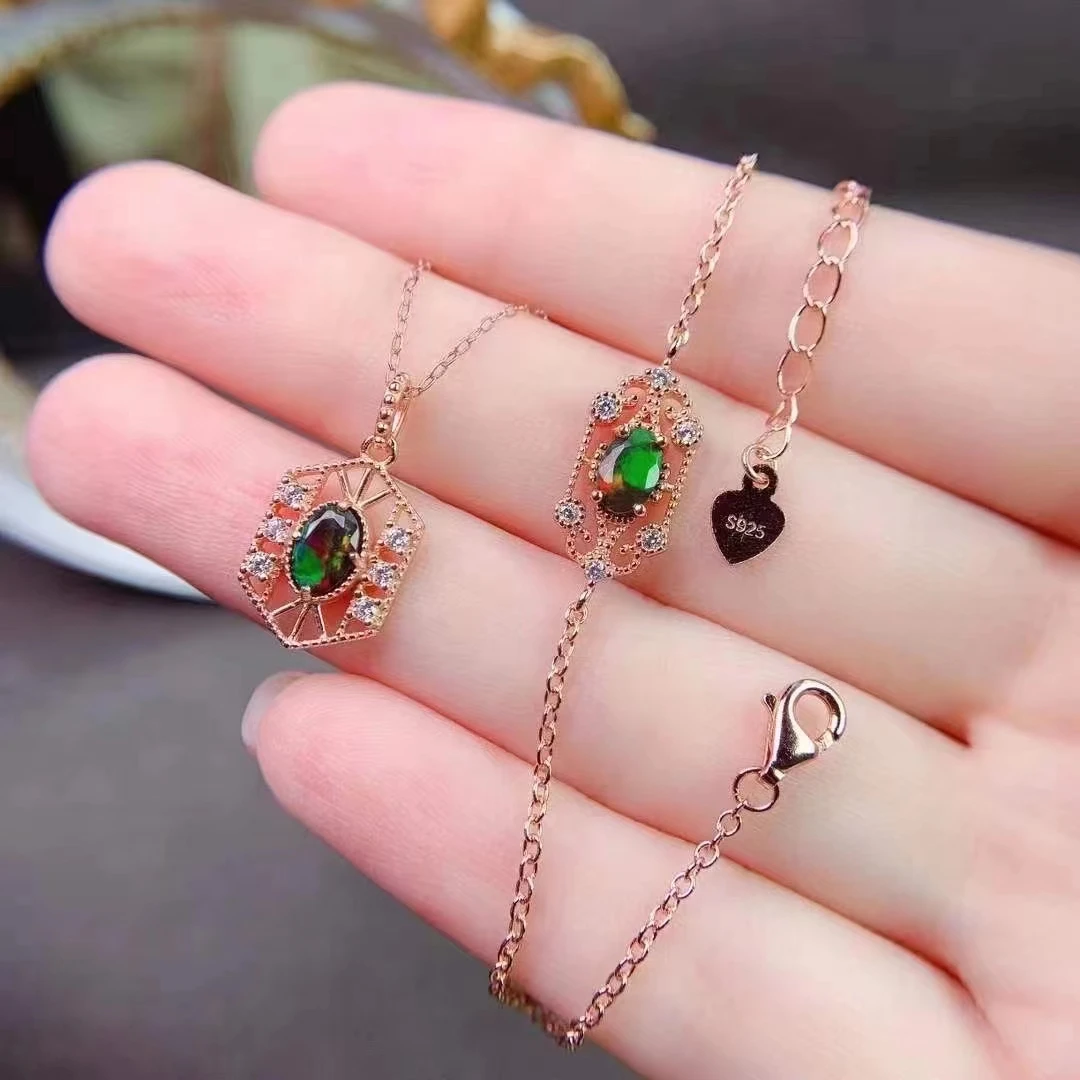 

MeiBaPJ Natural Black Opal Gemstone Fashion Bracelet and Necklace 2-Pieces Siut for Women Real 925 Silver Fine Jewelry Set