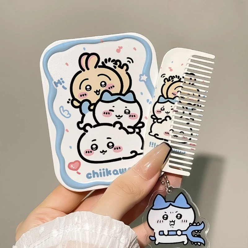 Anime Cartoon Kawaii Chiikawa Usagi Fold Portable Cosmetic Mirror Student Handheld Touch Up Makeup Mirror and Comb Integrated