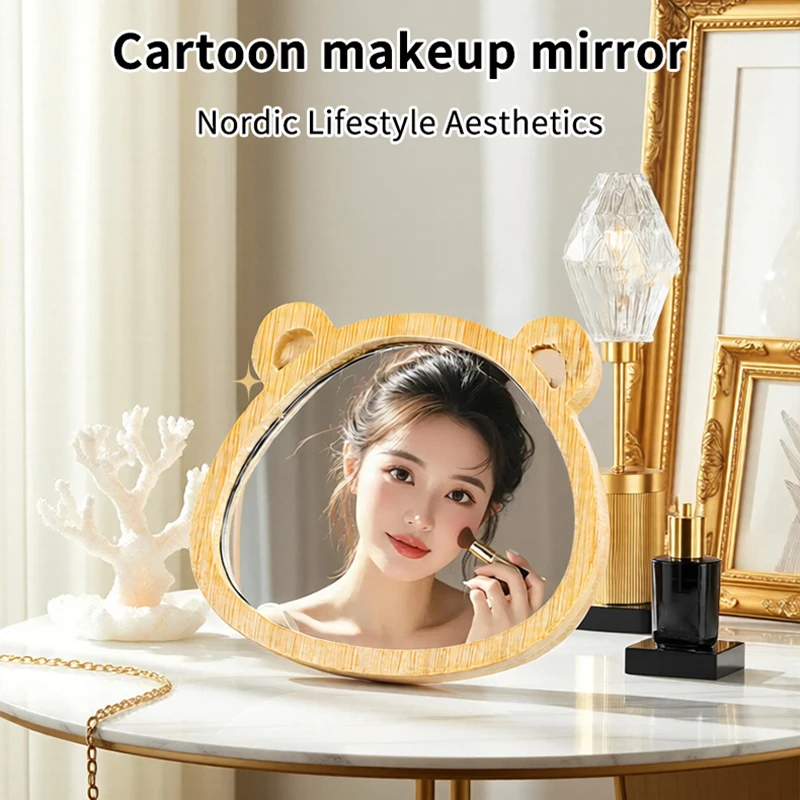 나무 손거울 빈티지 휴대용 다형태 화장 거울 컴팩트 메이크업 손거울 여성 여행용 거울