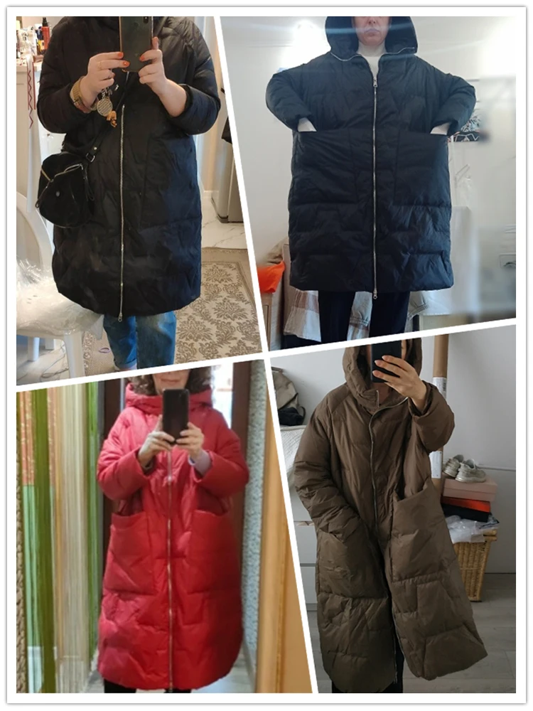 Winter Loose Thick Warm 90% White Duck Down Long Parkas Casual Women Hooded Female Zipper Pocket Down Coat Snow Outwear Coats