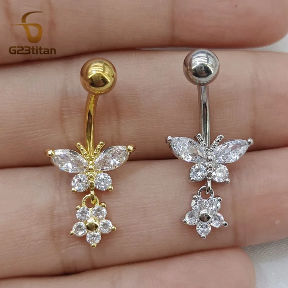 G23titan Butterfly Flower Zircon Pendant Belly Button Ring 14G Titanium Steel Barbell Piercing Body Accessories Navel Jewelry