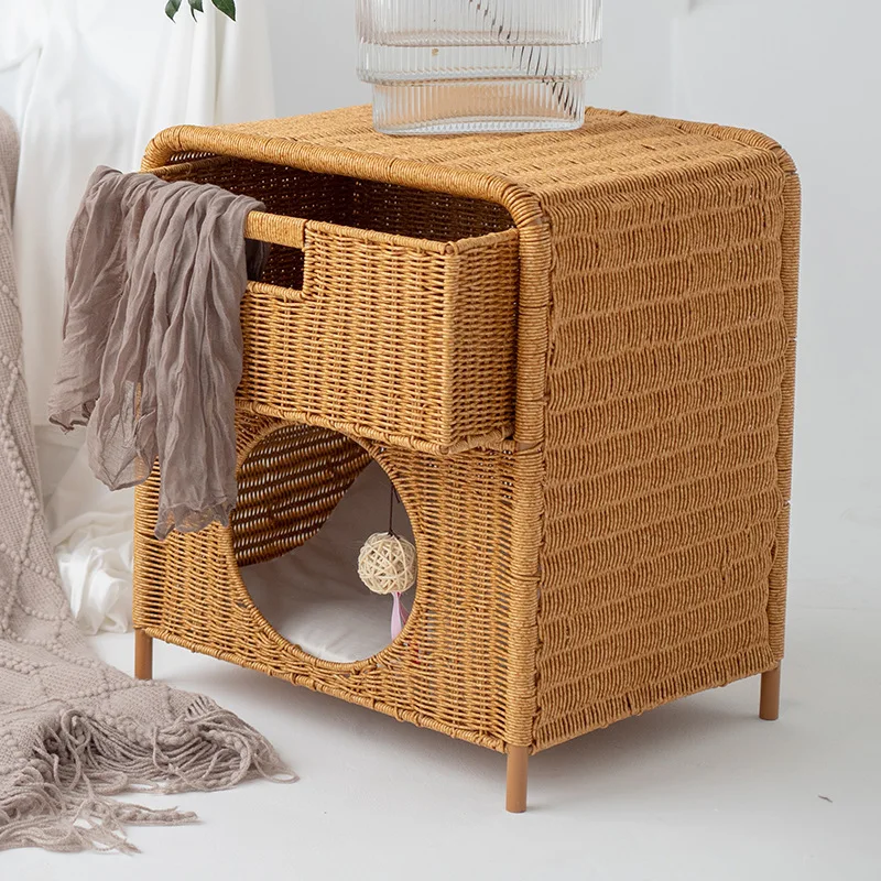 Hand-woven pet nest Four Seasons Pass Semi-closed Double-layer Cat House Semi-closed HouseRattan Bedside Table CatNest