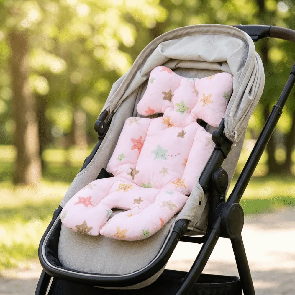 Cute Cotton Stroller Seat Cushion Soft Cartoon Pattern High Chair Liner Pad Breathable Protective Stroller Accessories Travel