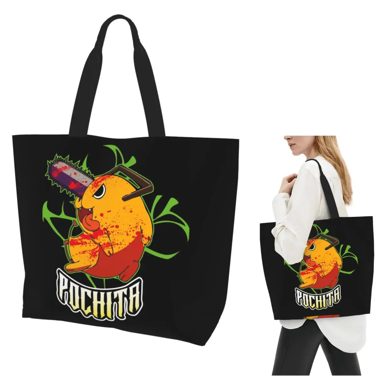 Pochita Ramen Chainsaw Man Anime Shopping Tote Bag Canvas Large Capacity Shoulder Bags Shopper Grocery Handbag for Women