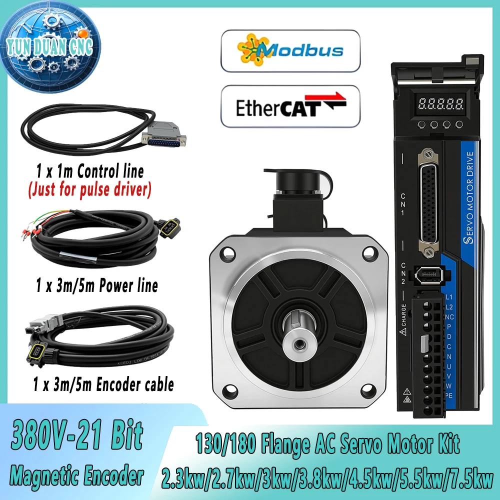380V AC Servo Motor 130/180 Flange 3.8kw/5.5kw/7.5kw 21 Bit Magnetic Encoder Pulse Ethernet With Brake 3M/5M Power Encoding Line