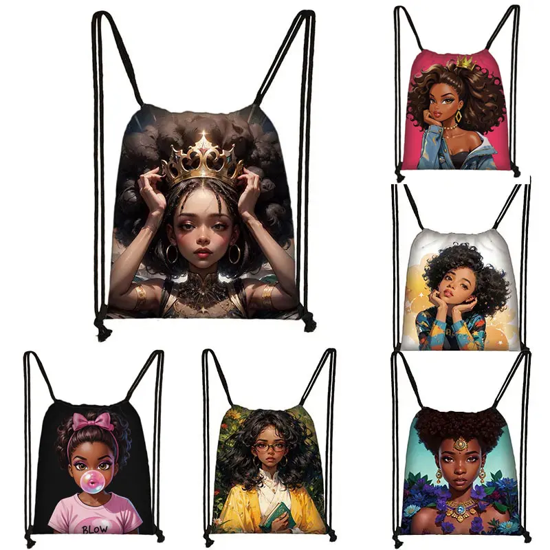 

American Africa Women Print Backpack Cute Afro Melanin Drawstring Bags Outdoor Travel Storage Bag Shoes Holder Bookbags Gifts