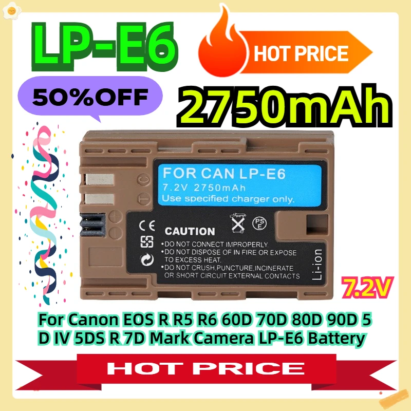 

For Canon EOS R R5 R6 60D 70D 80D 90D 5D IV 5DS R 7D Mark Camera LP-E6 Battery