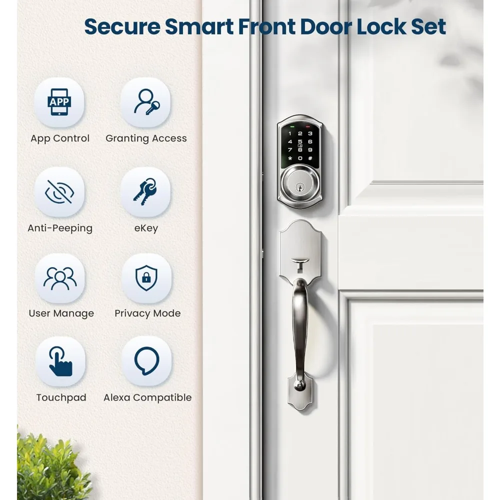 VE06-H Smart Front Door Lock Set, App Control, Keyless Entry Deadbolt with Lever Handle, Electronic Digital Touchscreen Keypad,