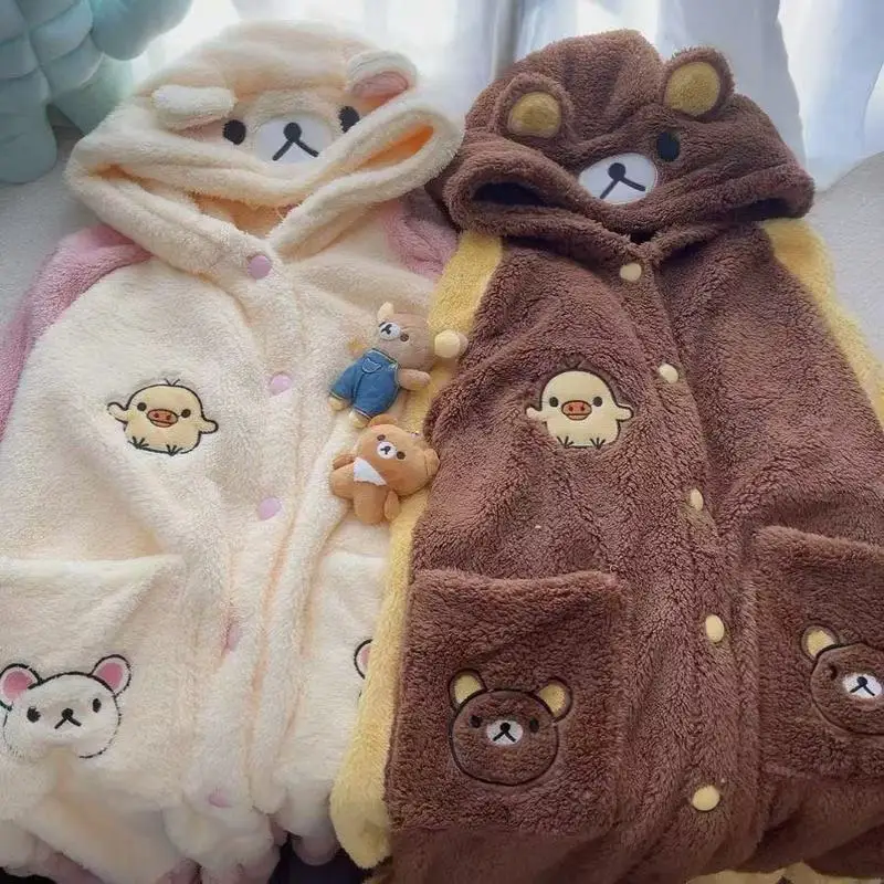 

Утолщенные пижамы Rilakkuma с капюшоном, женская зимняя одежда для сна, комплект домашней одежды для пар, плюшевая милая игрушка с персонажем мультфильма