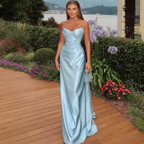 Fashion Satin Evening Dress Delicate Flowers Strapless Prom Dresses Temperament Appliques Customized Special Occasion Gowns