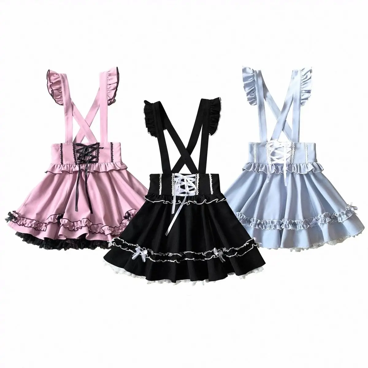 Japan Lolita Sweet Lace-up Cake Pettiskirt Women Cute Girl Ruffled Stitching Suspender Skirt Spring and Autumn Princess Pleated