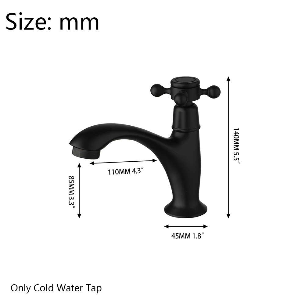 SINLAKU Matte Black Bathroom Basin Faucet Single Cold Stream Water Outlet Cross Handle Rotation Control Deck Mounted Bath Taps