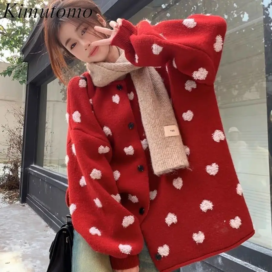 Kimutomo Heart Jacquard Oversized Cardigan Women Contrast Sweet Single Breasted Knitted Cardigans Korean Chic Kawaii Swewater