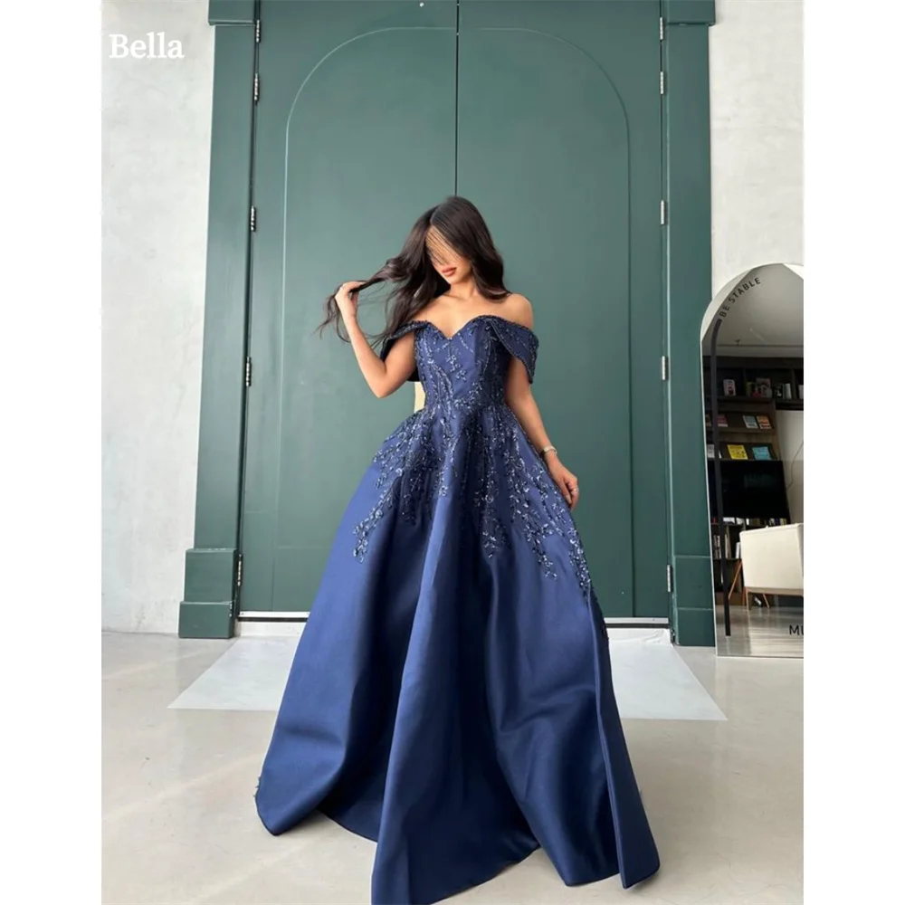 Bella Princess Ball Gown Satin robes de soirée Off the Shoulder V Neck Evening Dresses Floor-Length Graduation Wedding Dress