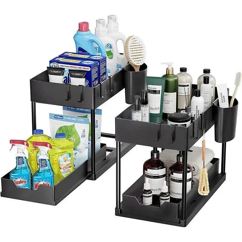 

2 Tier Under Sink Organizer Sliding Cabinet Basket Organizer Storage Rack with Hooks Hanging Cup Bathroom Kitchen Organizer