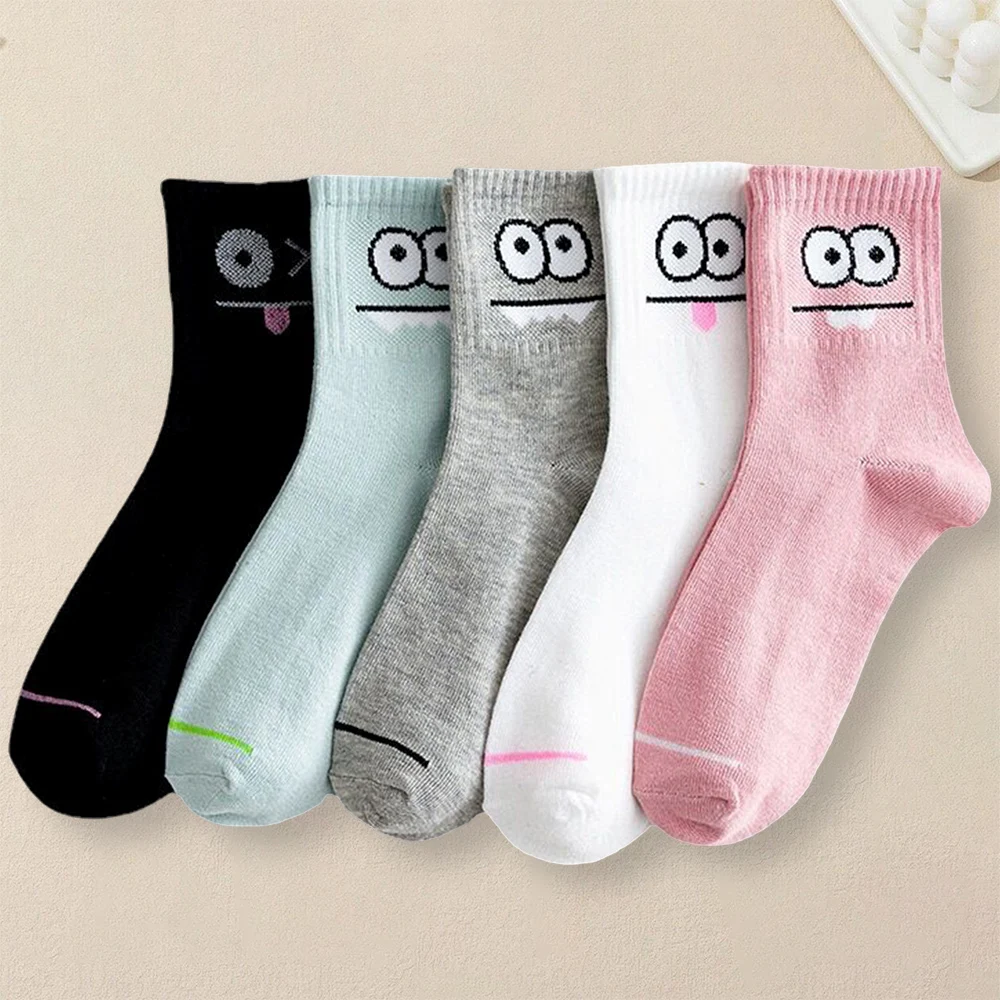 5 Pairs Women Cartoon Multi-color Eye Pattern Socks Fashionable Versatile Soft Socks Comfortable Lightweight Mid Length Socks