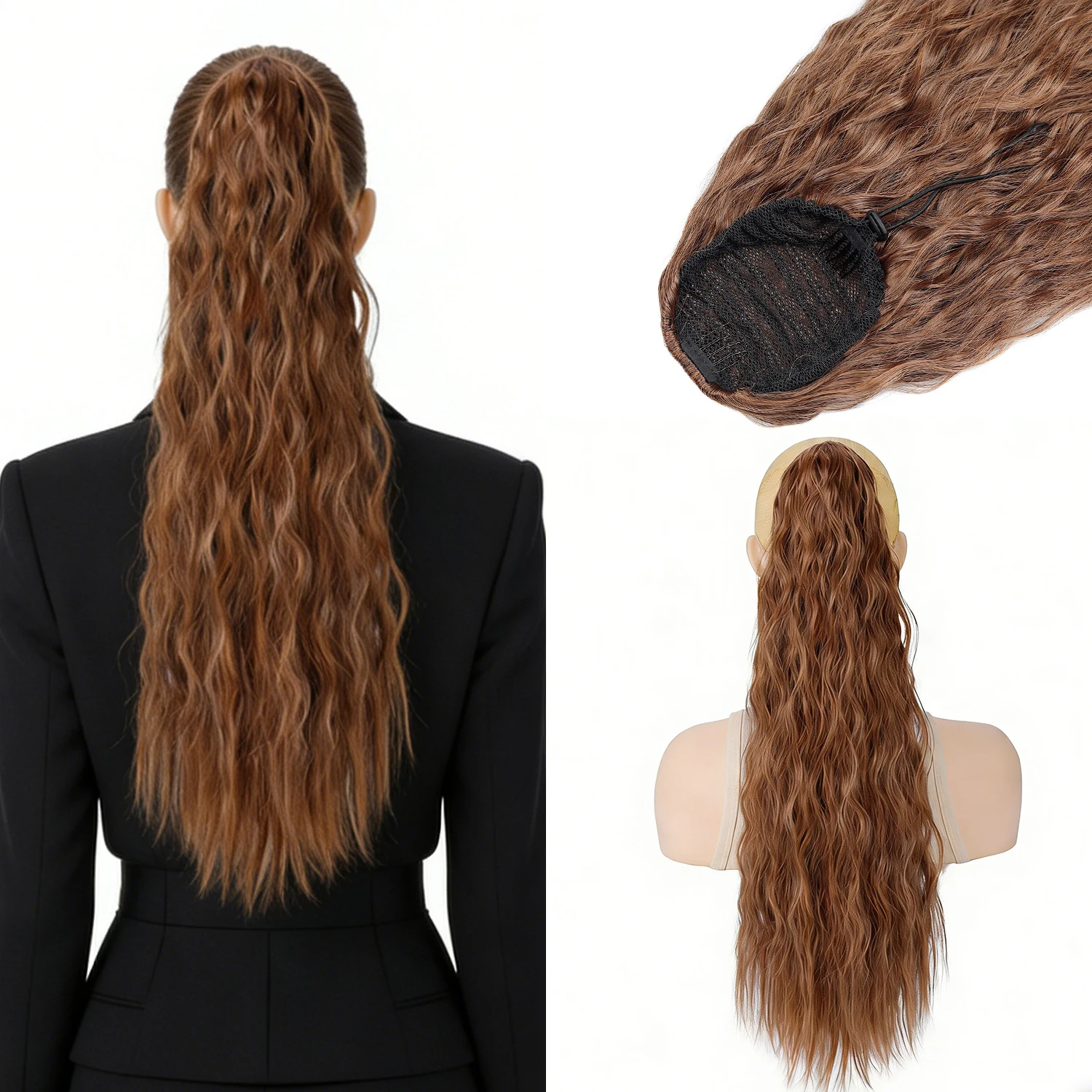 22 inch Drawstring Ponytails Extension Long Wavy Pony Tails Hair Extension for Women Synthetic Hairpiece Ponytails for Daily Use