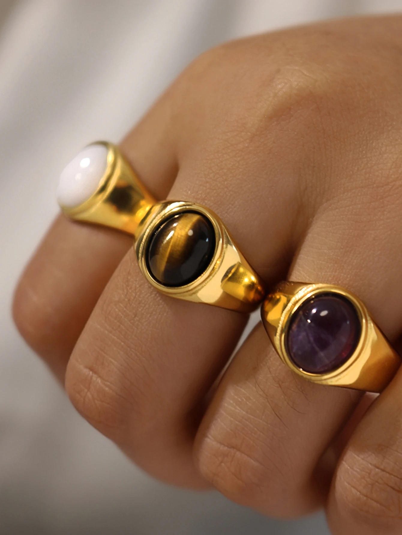 New Waterproof Natural Stone Ring for Women Vintage Gold Color Tiger Stone Rings Adjustable Women Female Chunky Jewelry Gifts