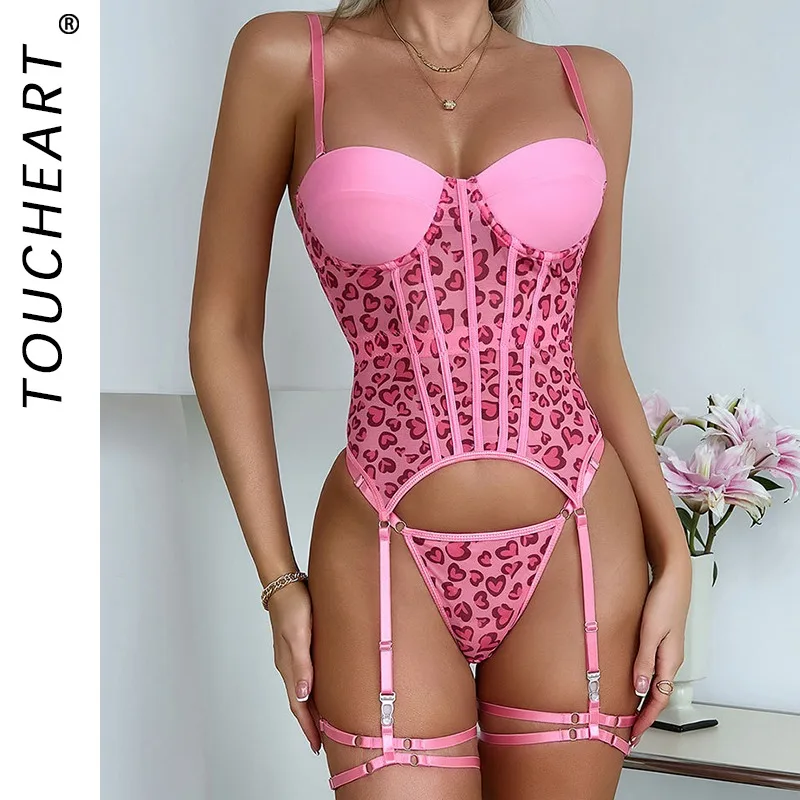 

Toucheart Sexy Mesh Embroidery Pink Love Interesting Underwear Garters Slim Spaghetti Strap Backless Women High Waisted Sexy Set