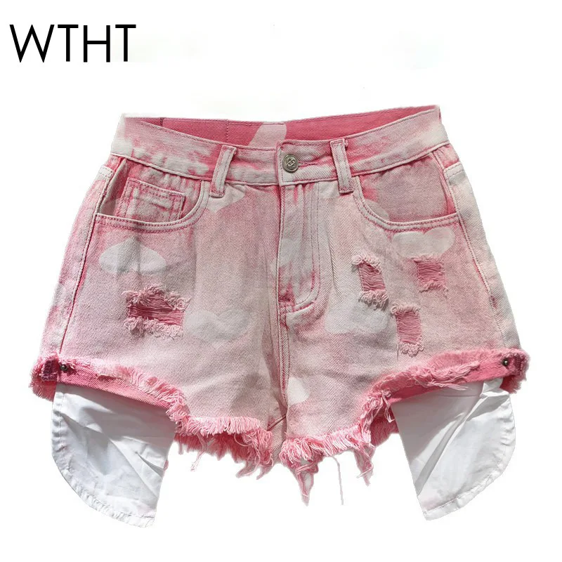 

WTHT Vintage Fashion Women's Wash Hole Deisgn Denim Shorts 2025 Summer Trendy High Waist A-line Hot Pants Female 1LS2017
