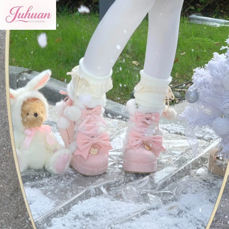 

2025 Winter New Kawaii Japanese Lolita Bow Plush Shoes Sweet Cute Boot Soft Cute Sweet Daily Versatile Warm Snow Boots for Women