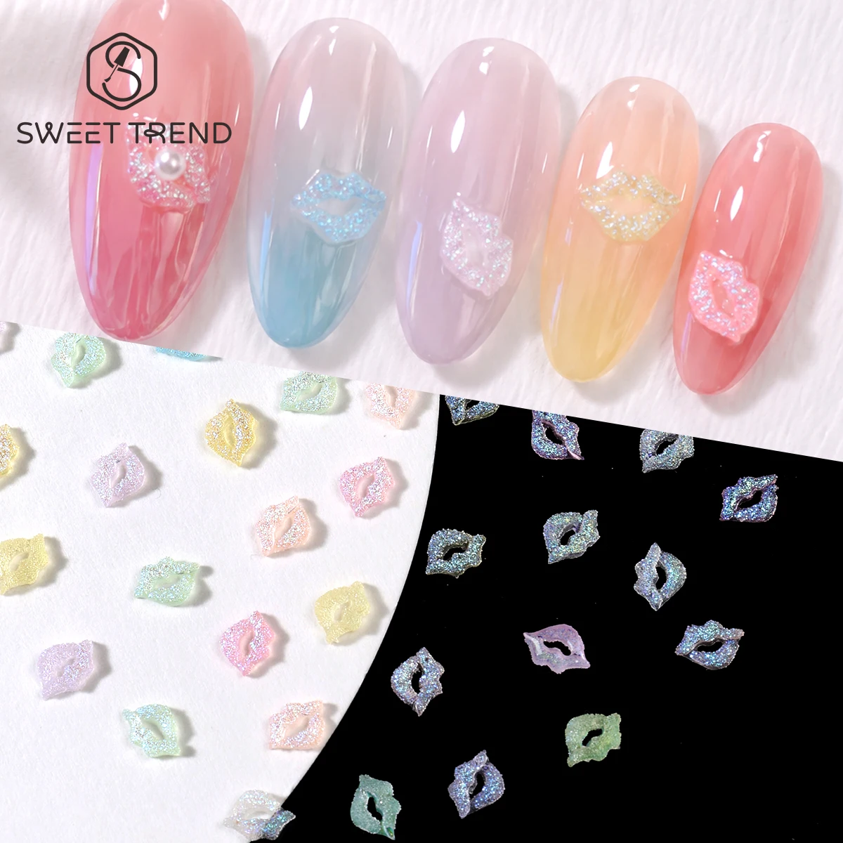 50/100 Stück Süße Zuckerlippen-Nageldekorationen, bunte Schimmer-Glitzer-Designs, Harz-Schmuckanhänger, japanische entzückende Maniküre-Ornamente