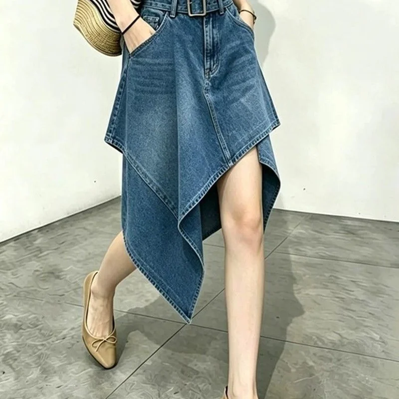 2026 New Summer Office Lady Simplicity Buttons Zipper High Waist A-line Skirt Ladies Fashion Irregular Denim Short Skirt Women
