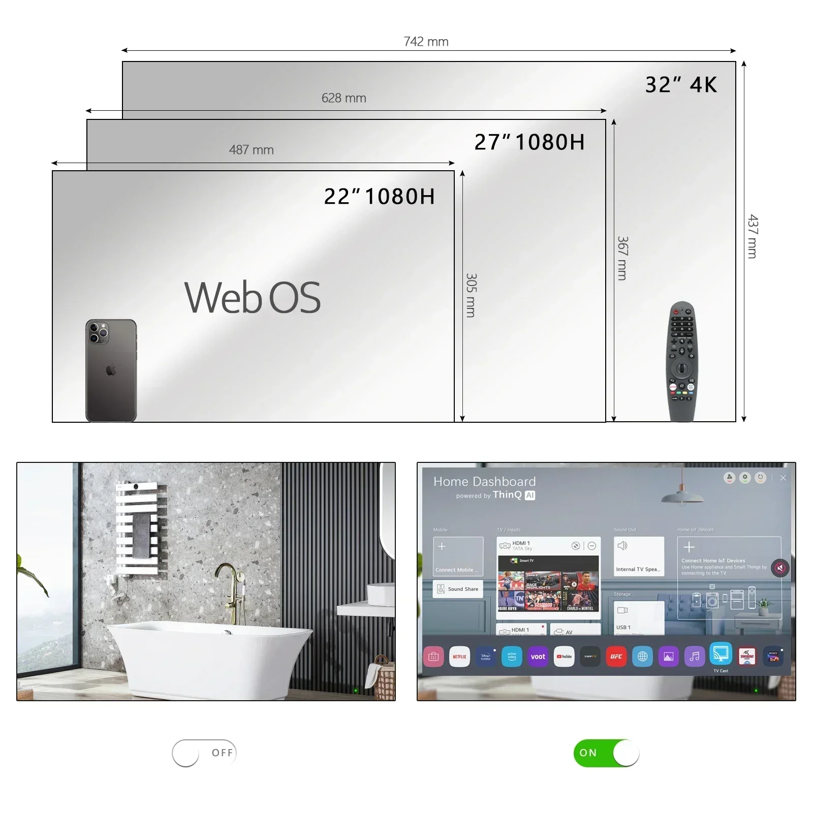 Soulaca 32 Inch Mirror TV for Bathroom webOS Dolby FHD Smart TV with Magic Remote, Voice Control, Built-in Speakers, Wi-Fi
