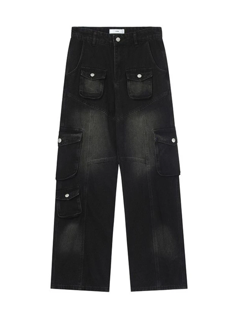 ADAgirl Baggy Wide Leg Jeans Women Harajuku Vintage Black Straight Multi-pocket Denim Cargo Pants Y2k Causal High Waist Trousers