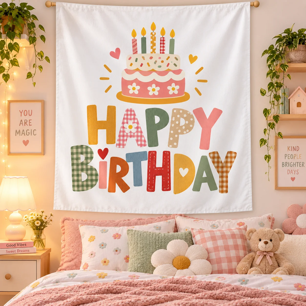 Happy Birthday Tapestry Wall Hanging Colorful Retro Cake Candles Backdrop for Birthday Party Kids Home Decor Photo Props Gift