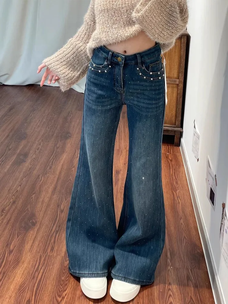 Women Four Seasons Rhinestone Star Beaded Washed Jeans Sparkle Print Slim Flared Trousers Daily Party Dark Blue Denim Pants