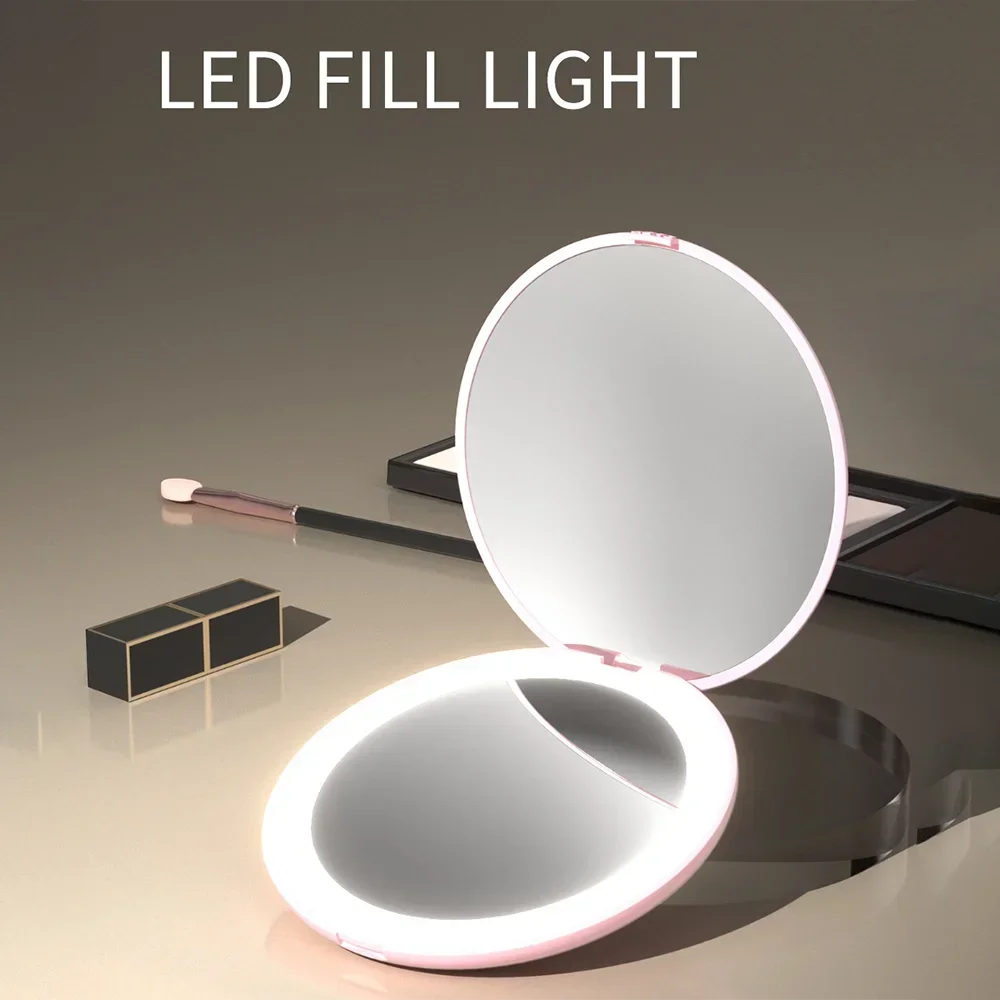 LED Travel Makeup Mirror 3.5 inch Lighted Compact Mirror Handheld Double Sided Portable Folding Mirror for Pocket Purse Handbag