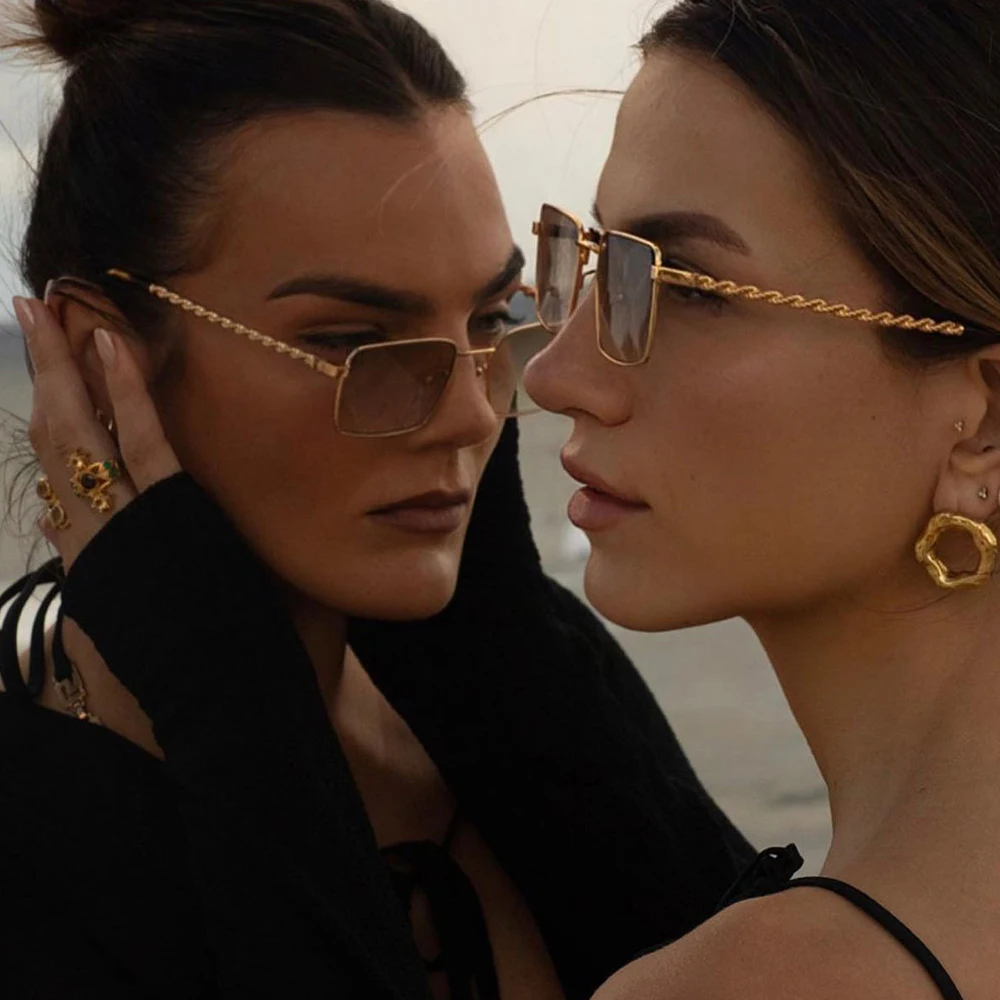 

2025 New Unique Metal Thread Square Sunglasses for Women Men Brand Fashion Punk Brown Sun Glasses Female Oculos De Sol UV400