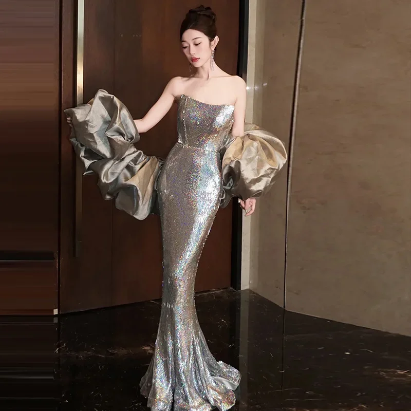 Elegant Boat Neck Prom Dresses Detachable Cape Silver Mermaid Sequins Woman Customized Luxury Evening Celebrity Gowns 2024