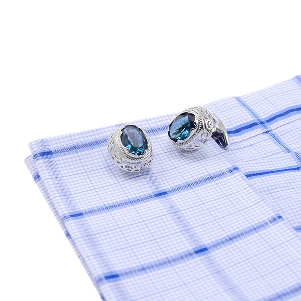 NVT Fashion Blue Zircon Cufflinks For Mens Shirt Commemorative Gift Free Engraving Name Silver Color Cuff Button Wedding Jewelry