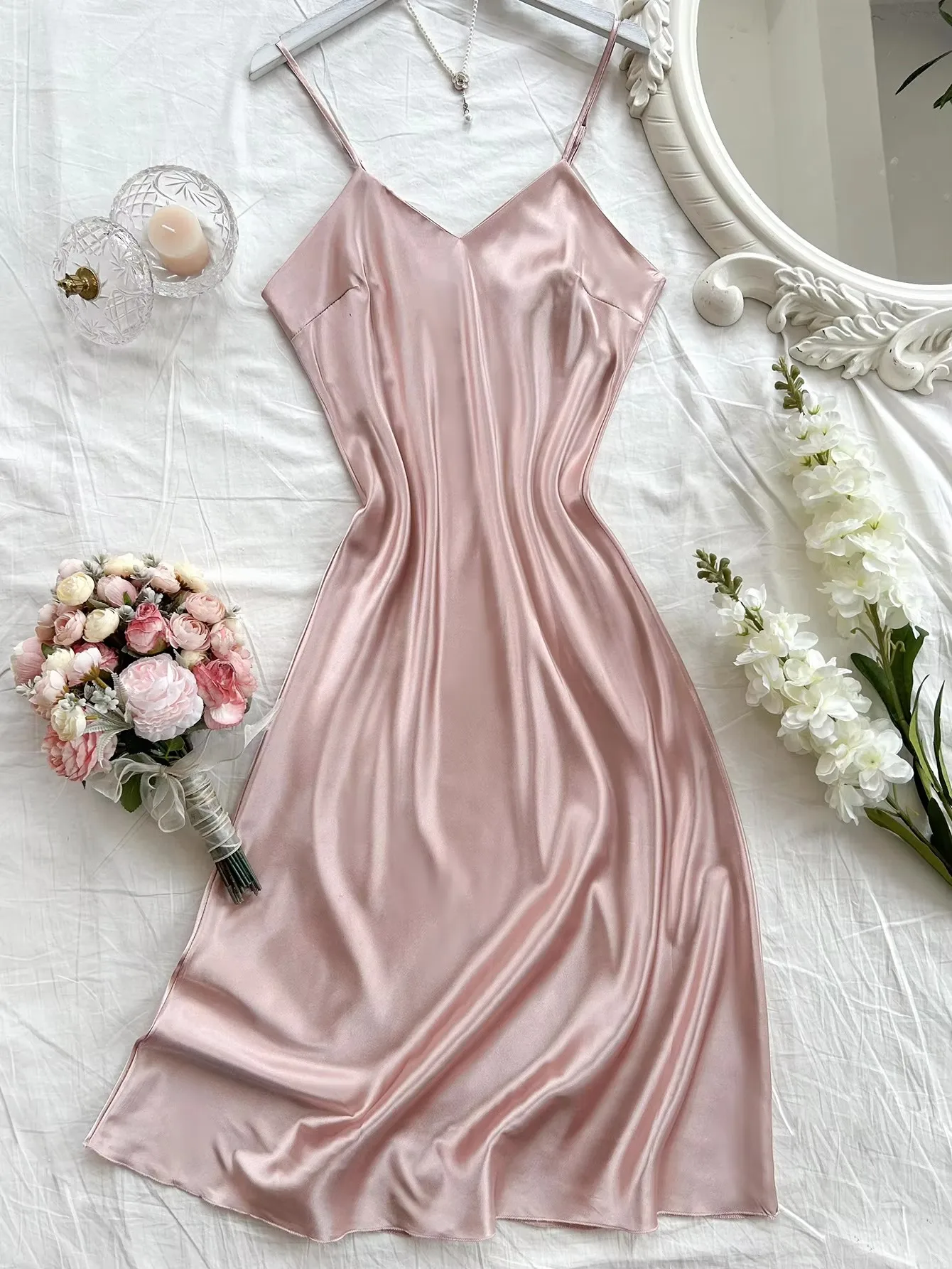 Elegante camisón de noche para mujer, sexy, cómodo y de corte largo, pijama de color liso para mujer.