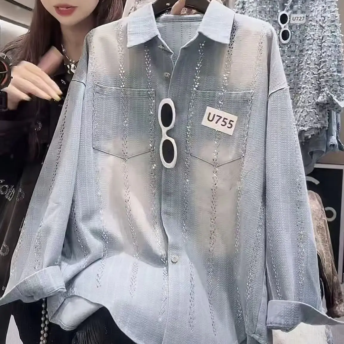

Autumn/Spring Button-down Long Sleeve Loose Fit Medium Jeans Top Casual Street Wear Chic Washed Y2K Denim Shirt Coat Jacket