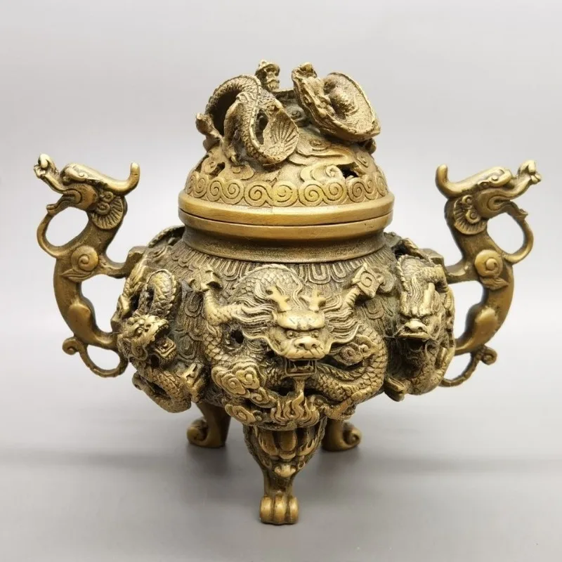 Nine‑Dragon Incense Burner Censer Vintage Chinese Dragon Carved Incense Holder Tripod Censer for Home Teahouse Decor Ornament