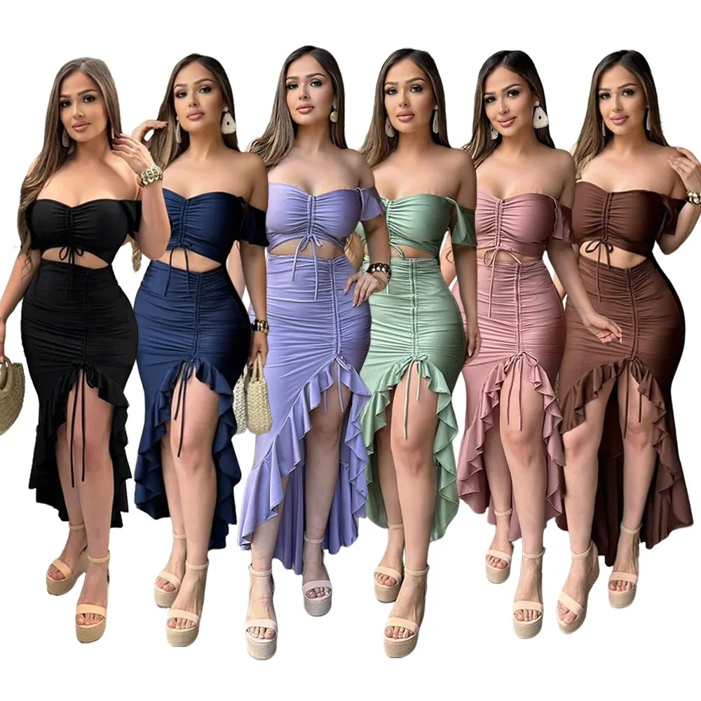 

Sexy Nightclub Party Dance Gathering Club Banquet Solid Color Strapless Off-Shoulder Split Asymmetrical Ruffled Dress