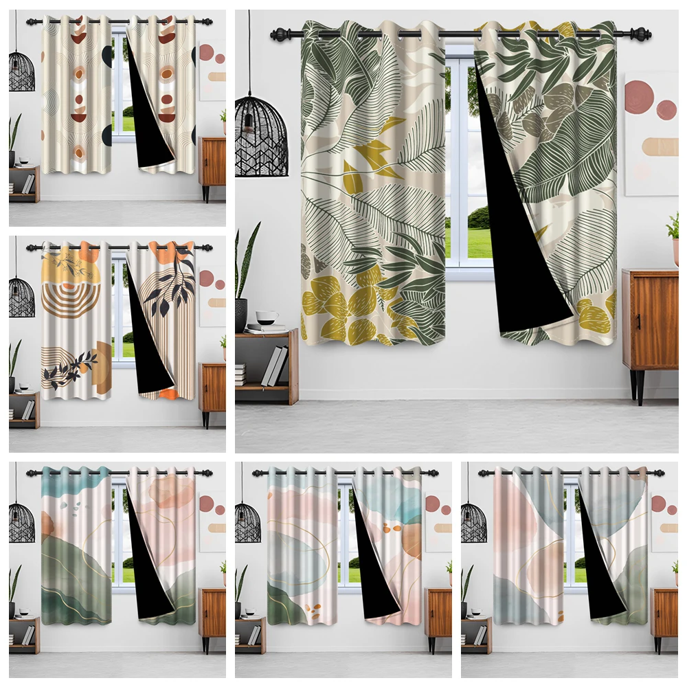 2pcs Nordic Style Shade Window Curtains Green Tree Leaves Home Interior Curtains Tropical Jungle Bedroom Blackout Curtains