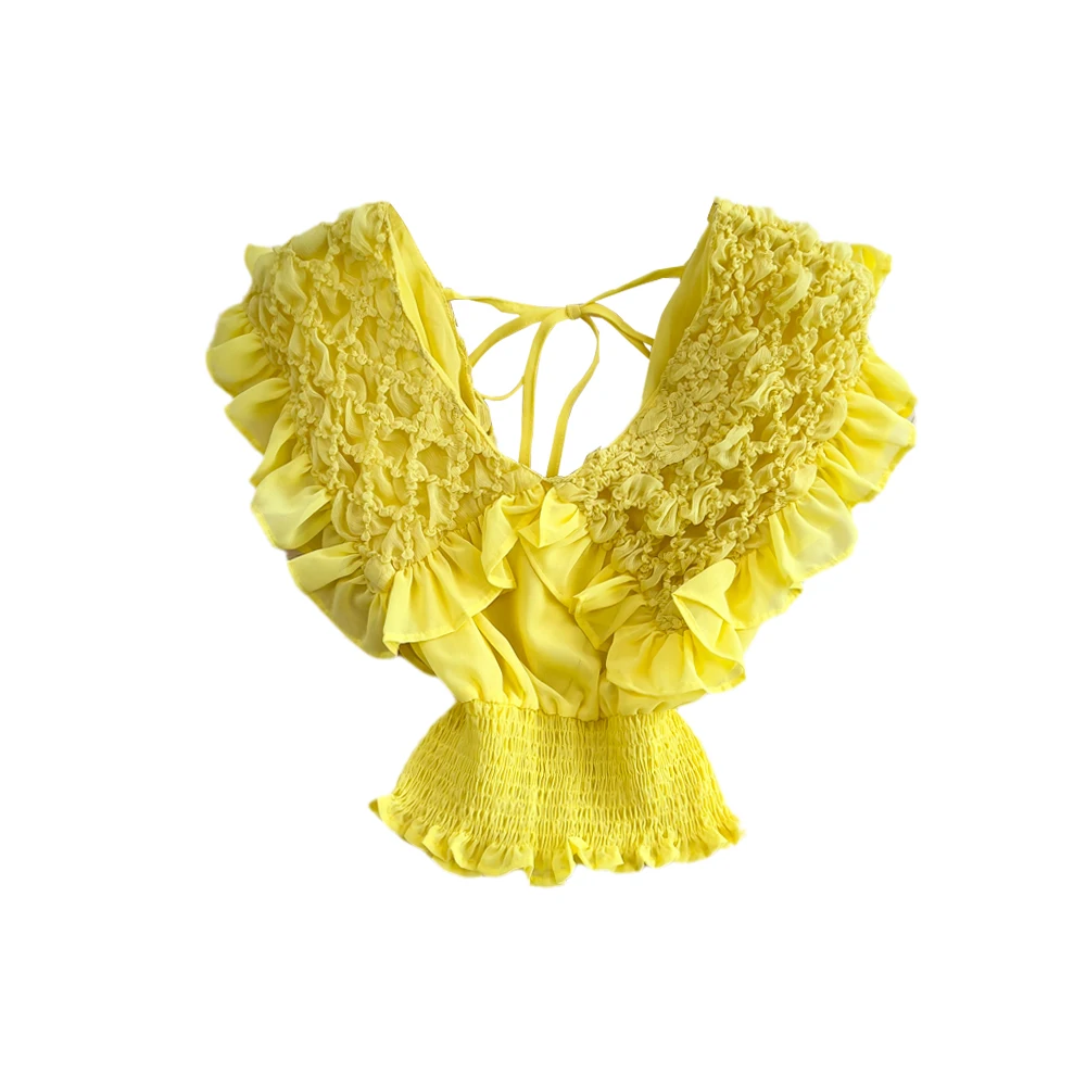 Zomer Nieuwe Sle Koreaanse V-ne Fly Sve Bal Geplooide Elastische Chiffon Dames Faion Taille-cinching ort Top Trendy