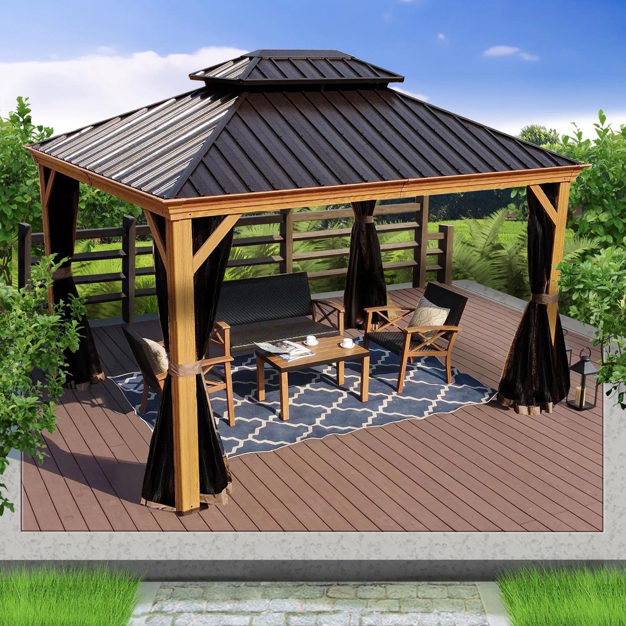 Luxury Super Hardtop Aluminum Gazebo Patio Outdoor Tent Strong Sidewall Powder Coated Wood-like Grain Frame Elegant Pergola